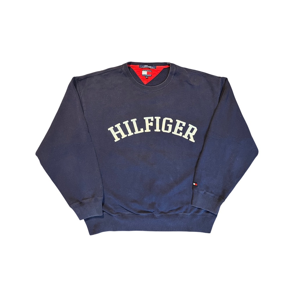 Vintage Tommy Hilfiger Navy Blue Arched Logo Crewneck Sweatshirt XL 90s Style